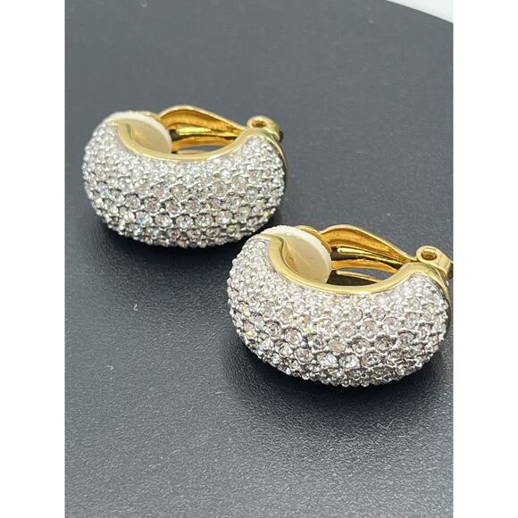 Swarovski Vintage Swan Signed Pave Crystal Rhinestone Clip Ons Hoop Earrings - Picture 15 of 16
